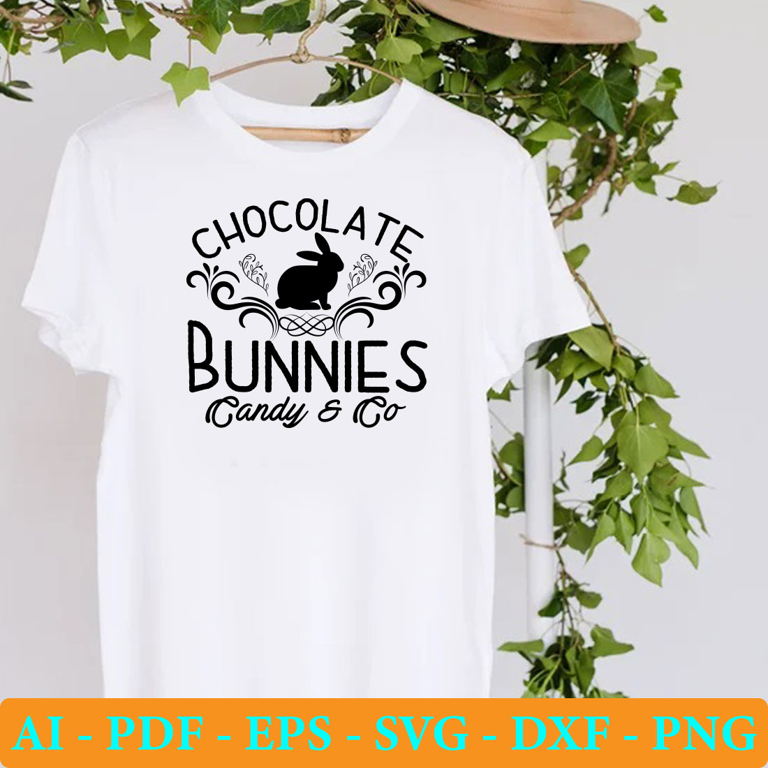 White t - shirt with chocolate bunnies on it.