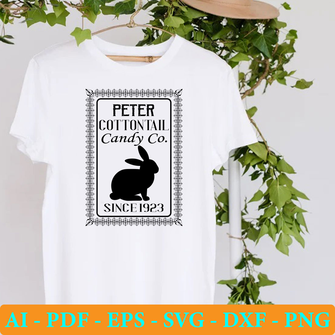 White t - shirt with a black rabbit on it.