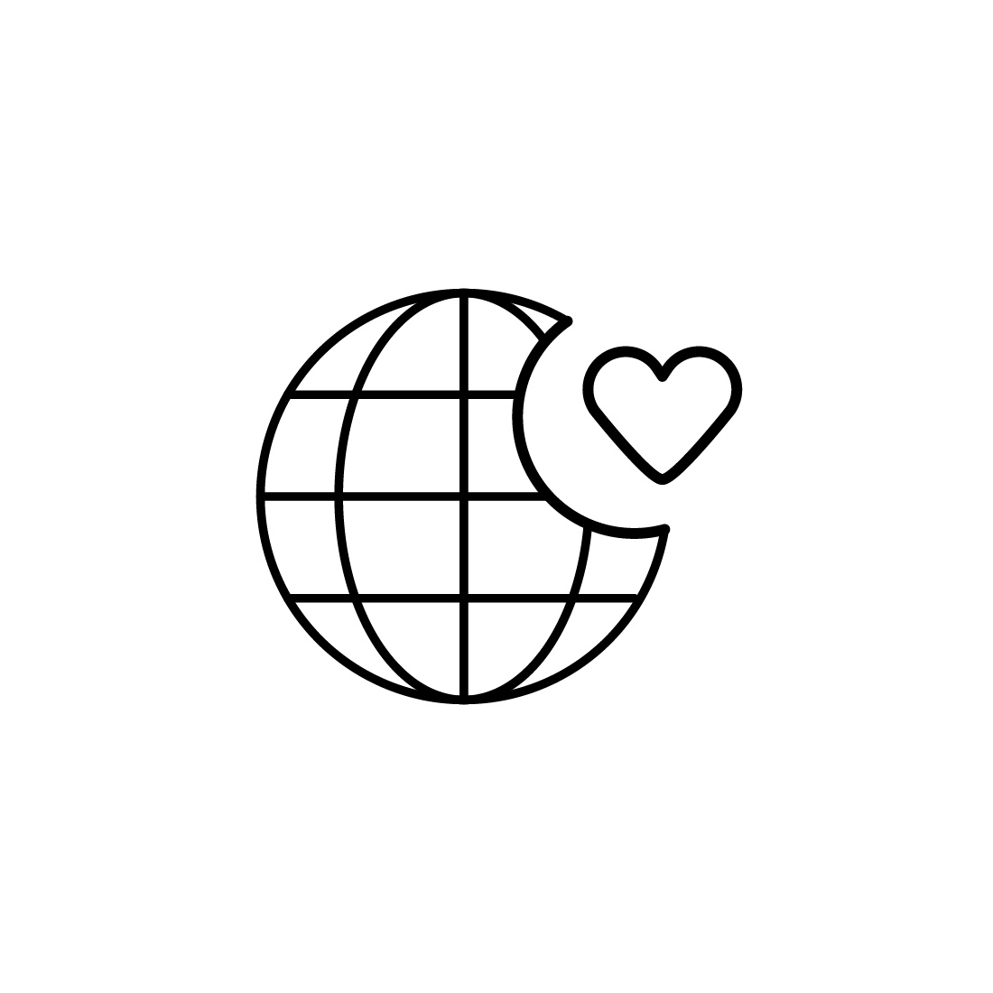 Black and white picture of a globe with a heart.