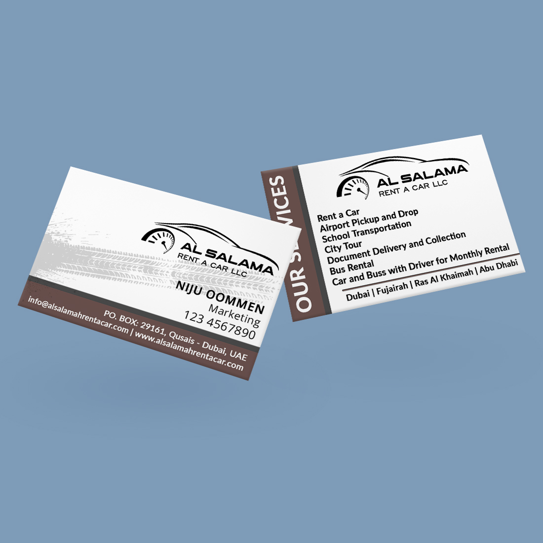 Two business cards designed to look like a car.