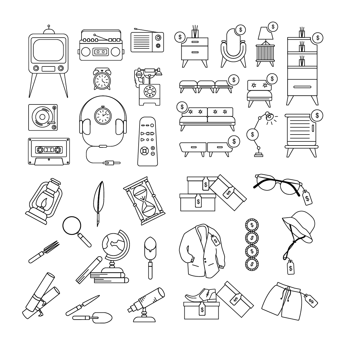 Black and white drawing of a variety of objects.