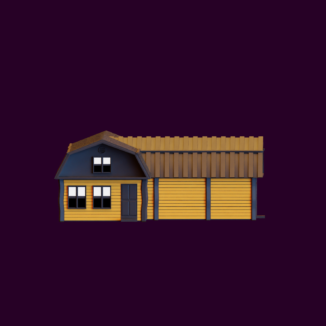 House with a brown roof and two windows.