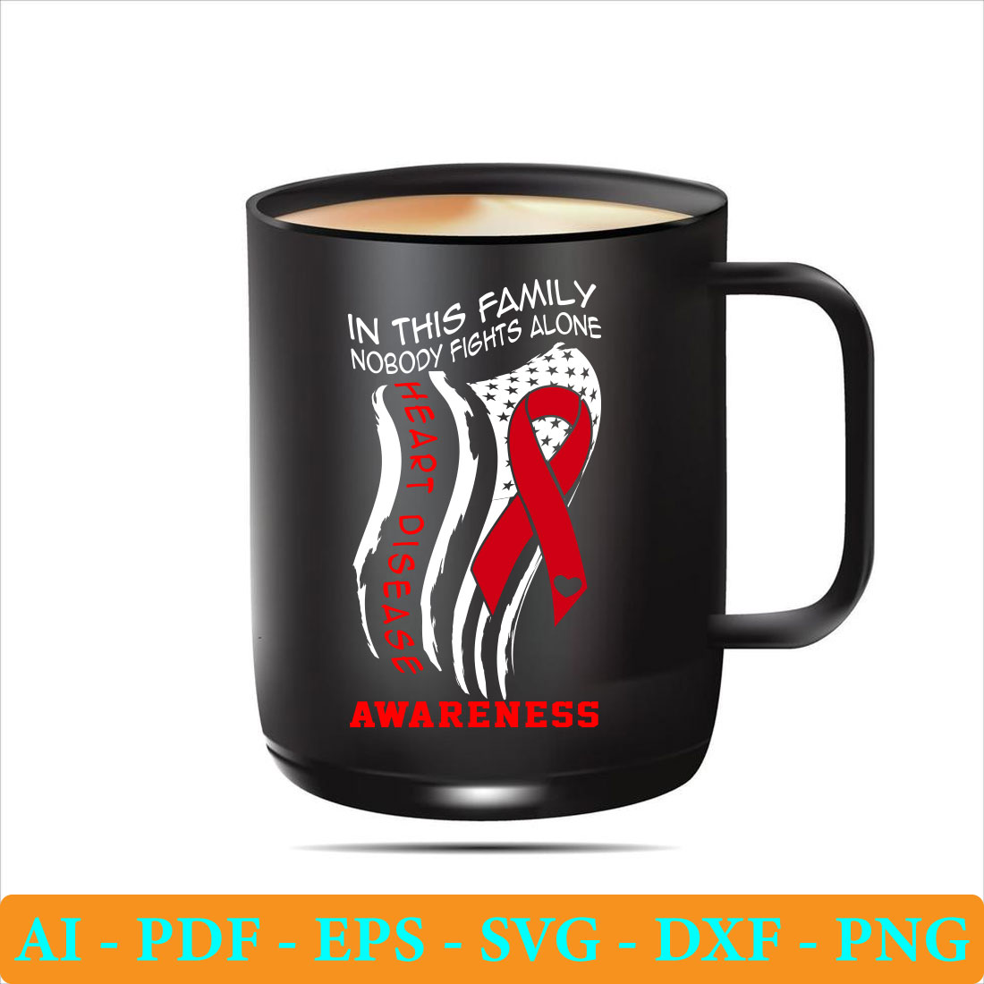 Black coffee mug with a red ribbon on it.