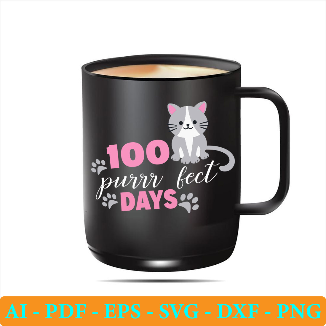 Black coffee mug with a cat on it.