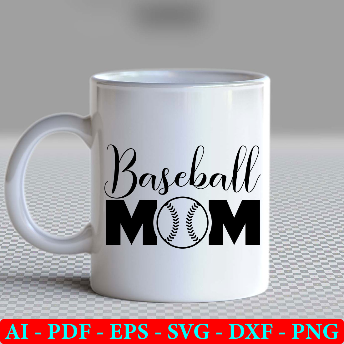 White coffee mug with a baseball mom on it.