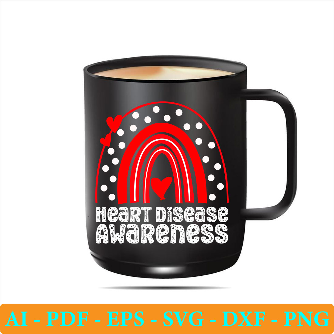 Black coffee mug with the words heart disease awareness printed on it.