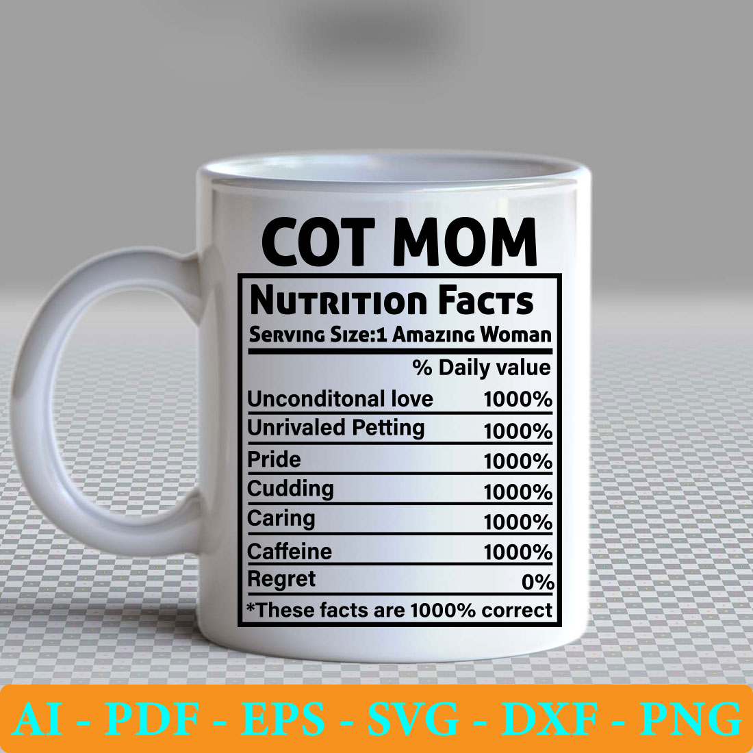 Coffee mug with a nutrition label on it.