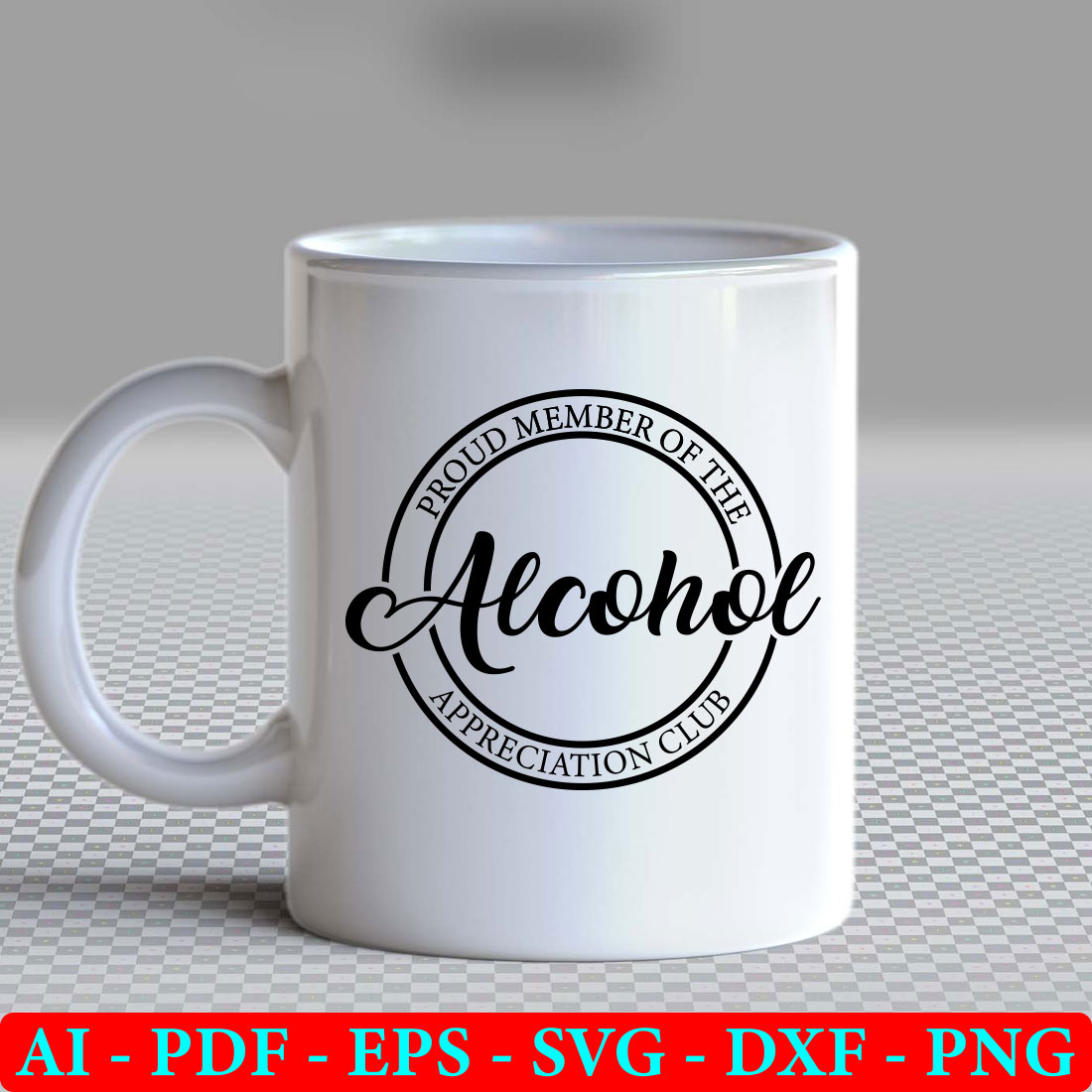 White coffee mug with the word alcohol on it.