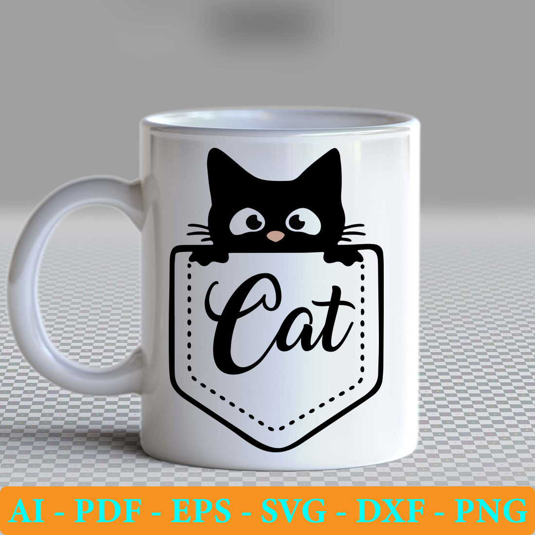 White coffee mug with a black cat in a pocket.