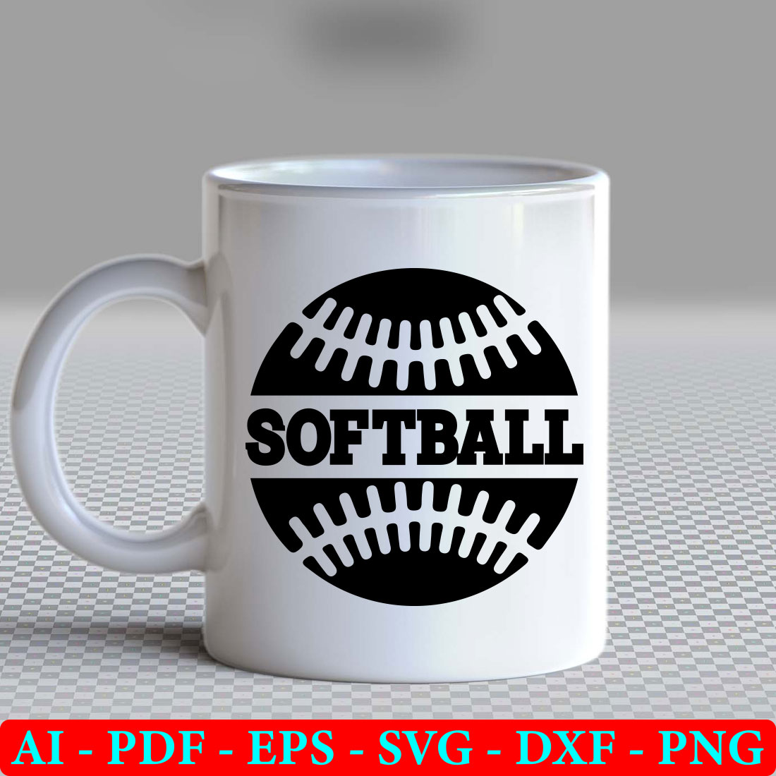 White coffee mug with a black softball on it.