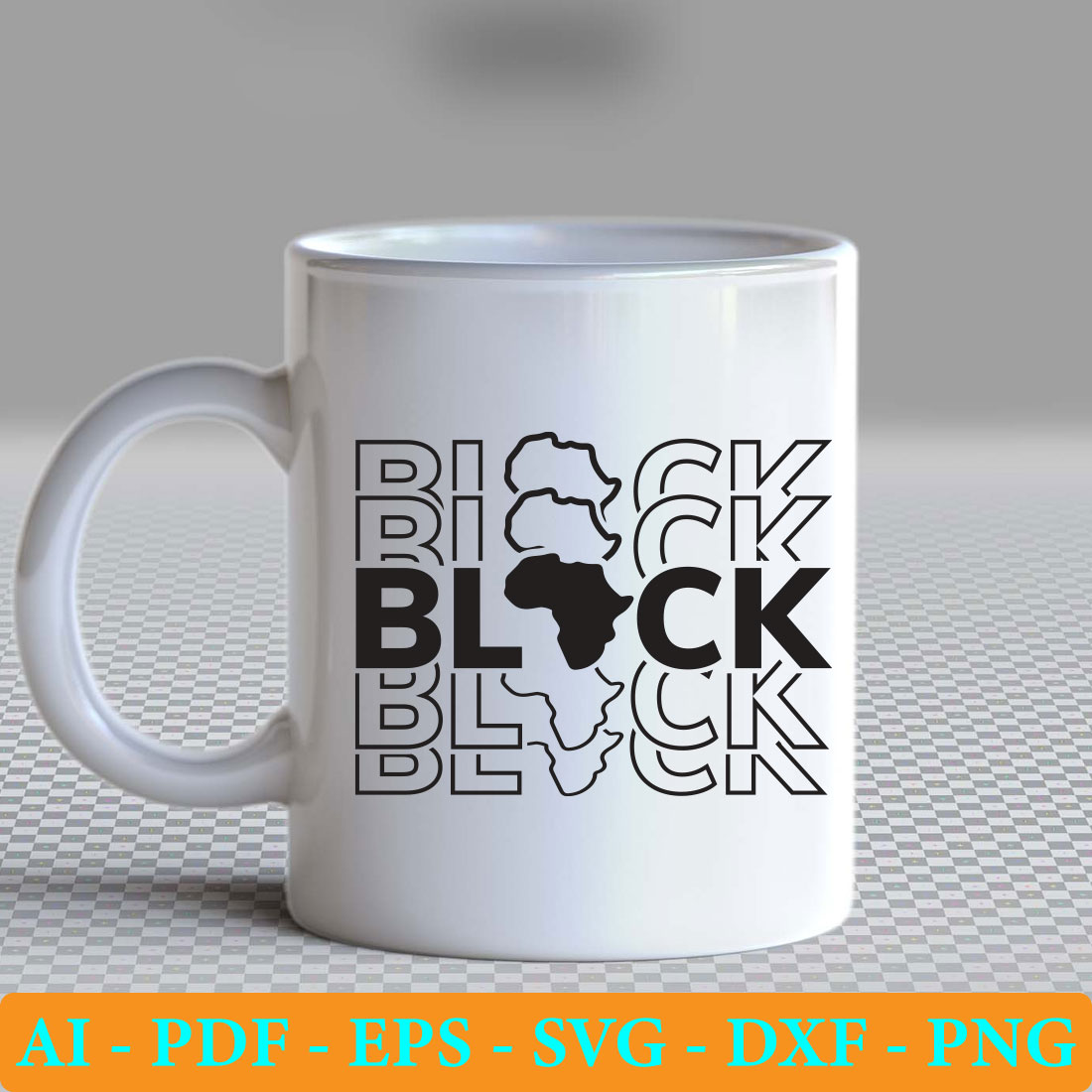 White coffee mug with black lettering on it.
