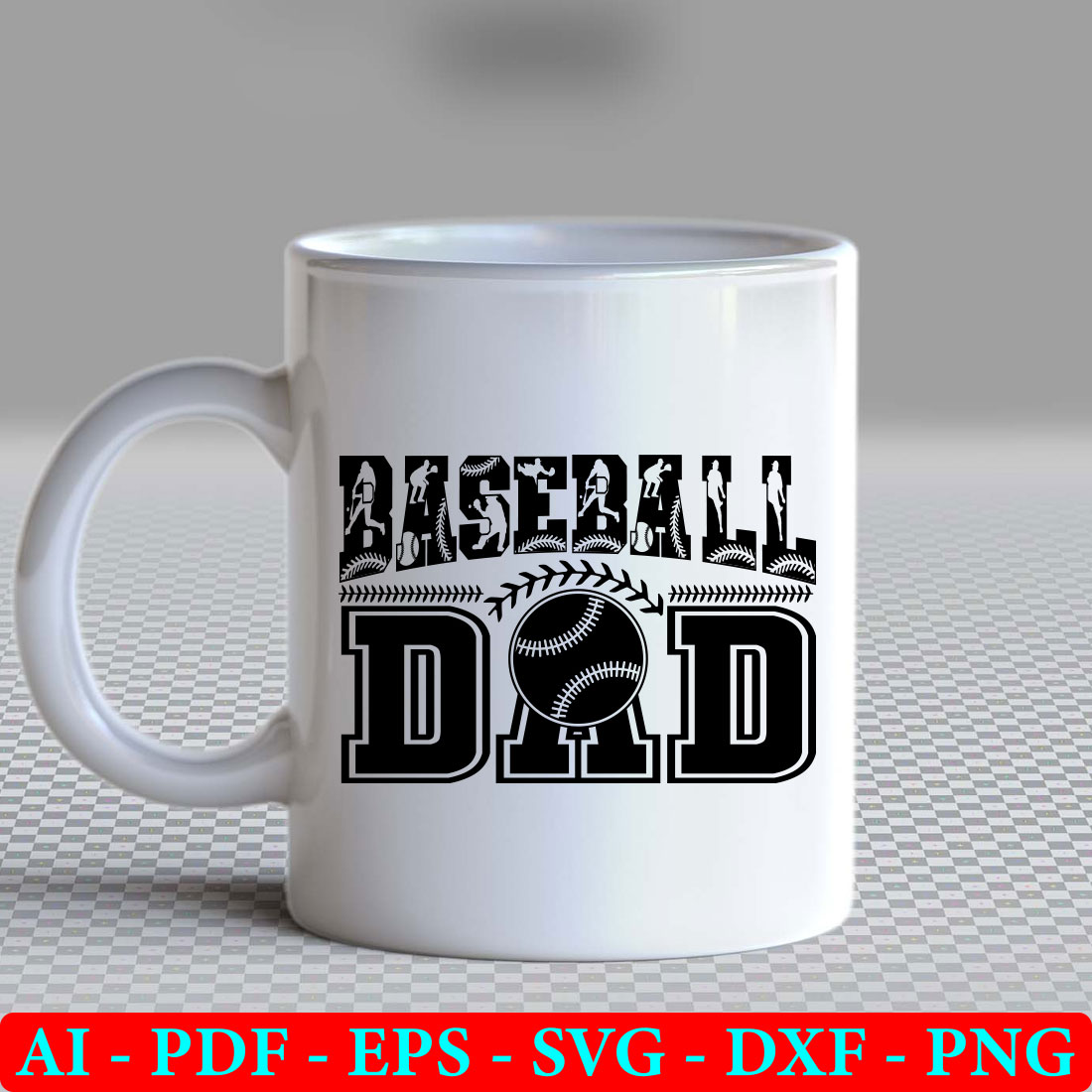 White coffee mug with a baseball dad on it.