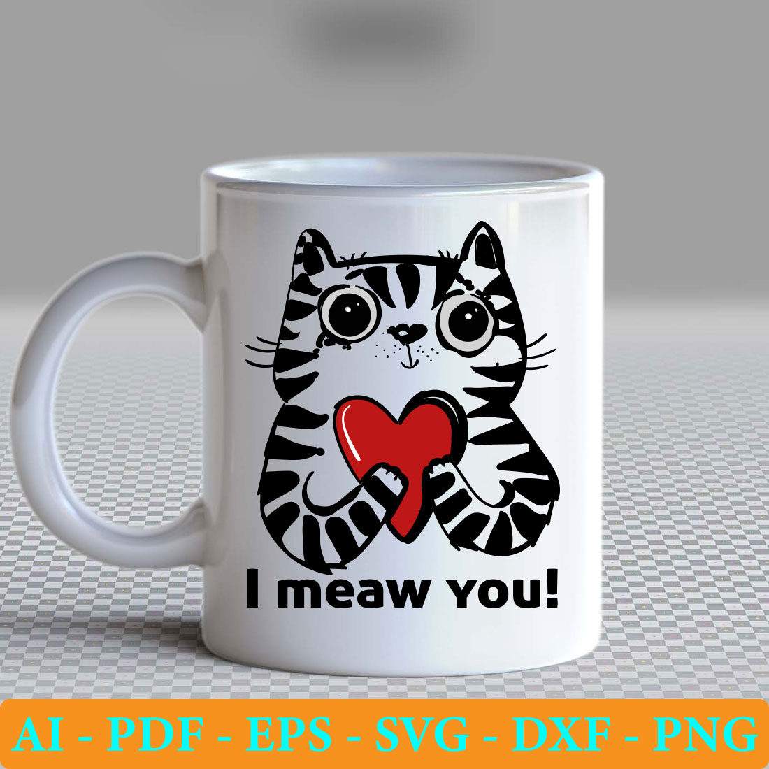 White coffee mug with a cat holding a heart.