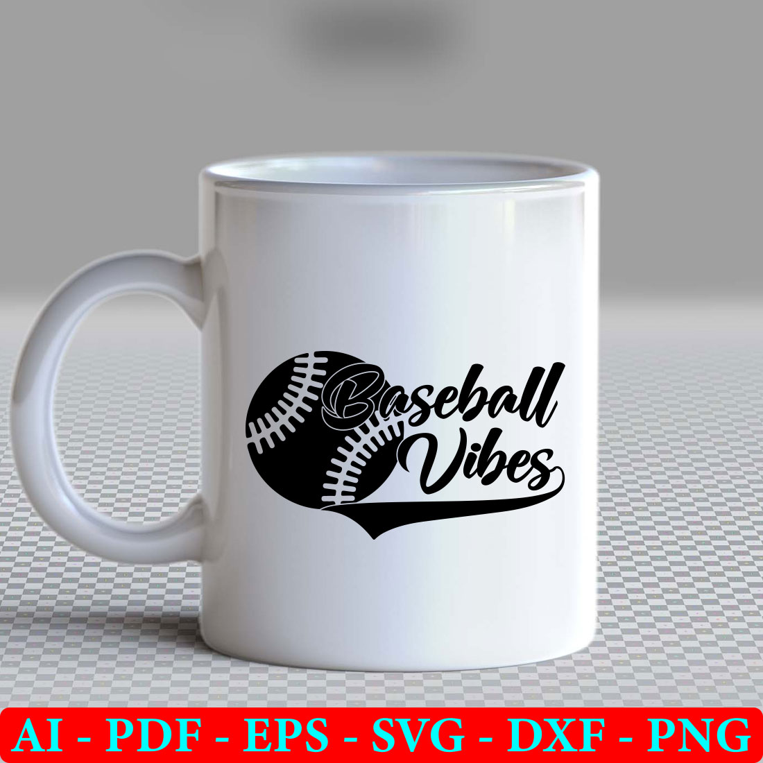 White coffee mug with a baseball vibes logo on it.