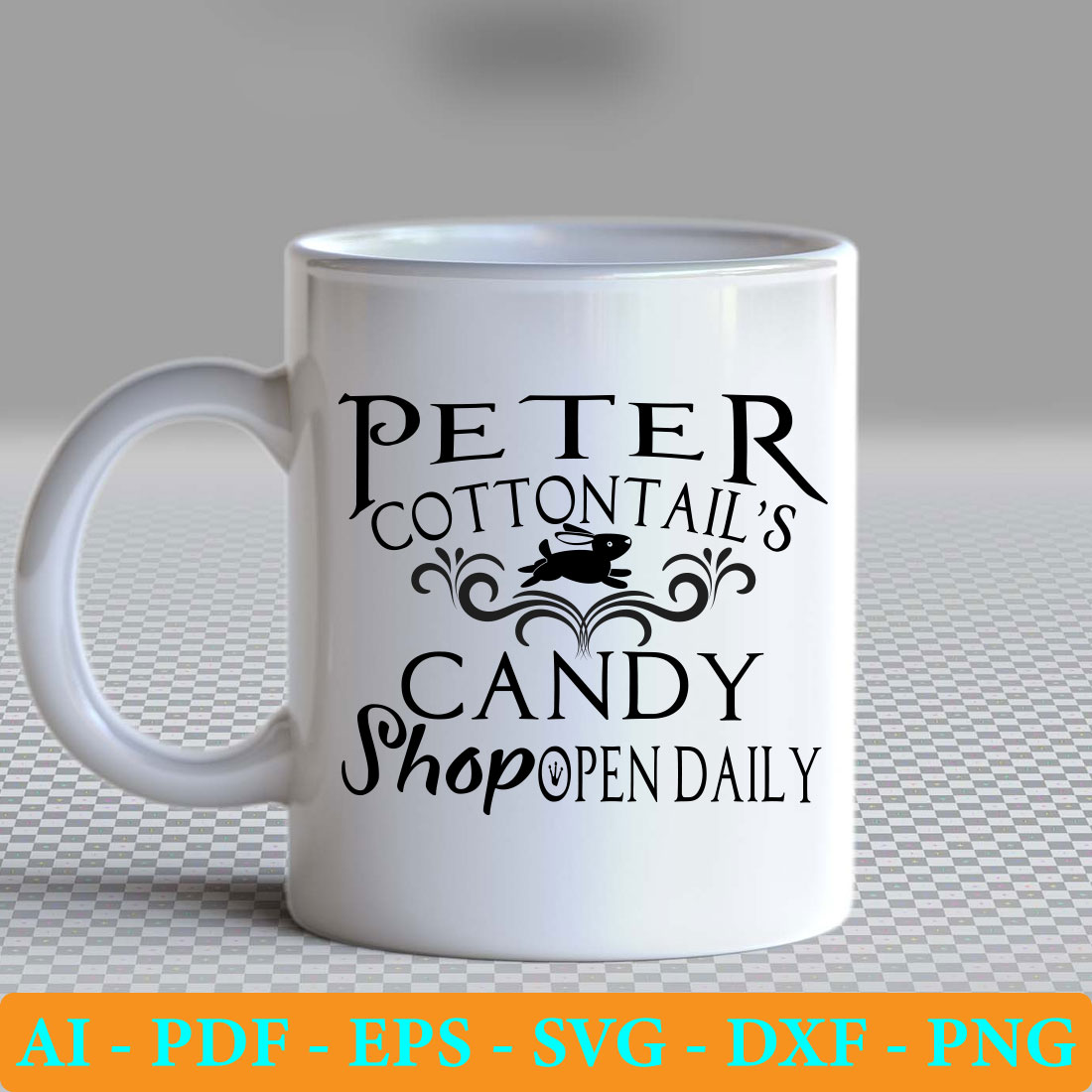 White coffee mug with the words peter cottontails candy shoppen daily.
