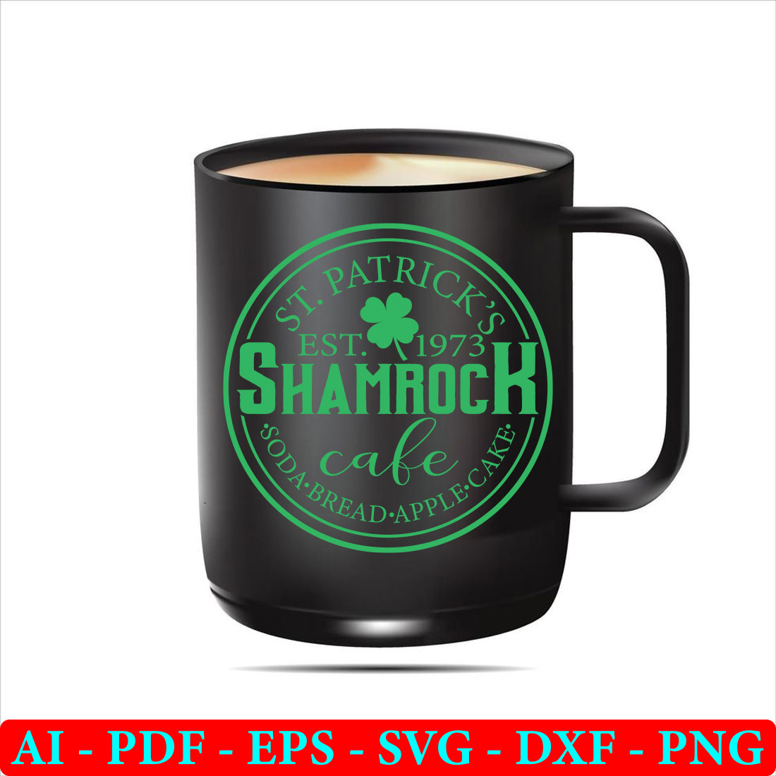 Black coffee mug with a shamrock on it.