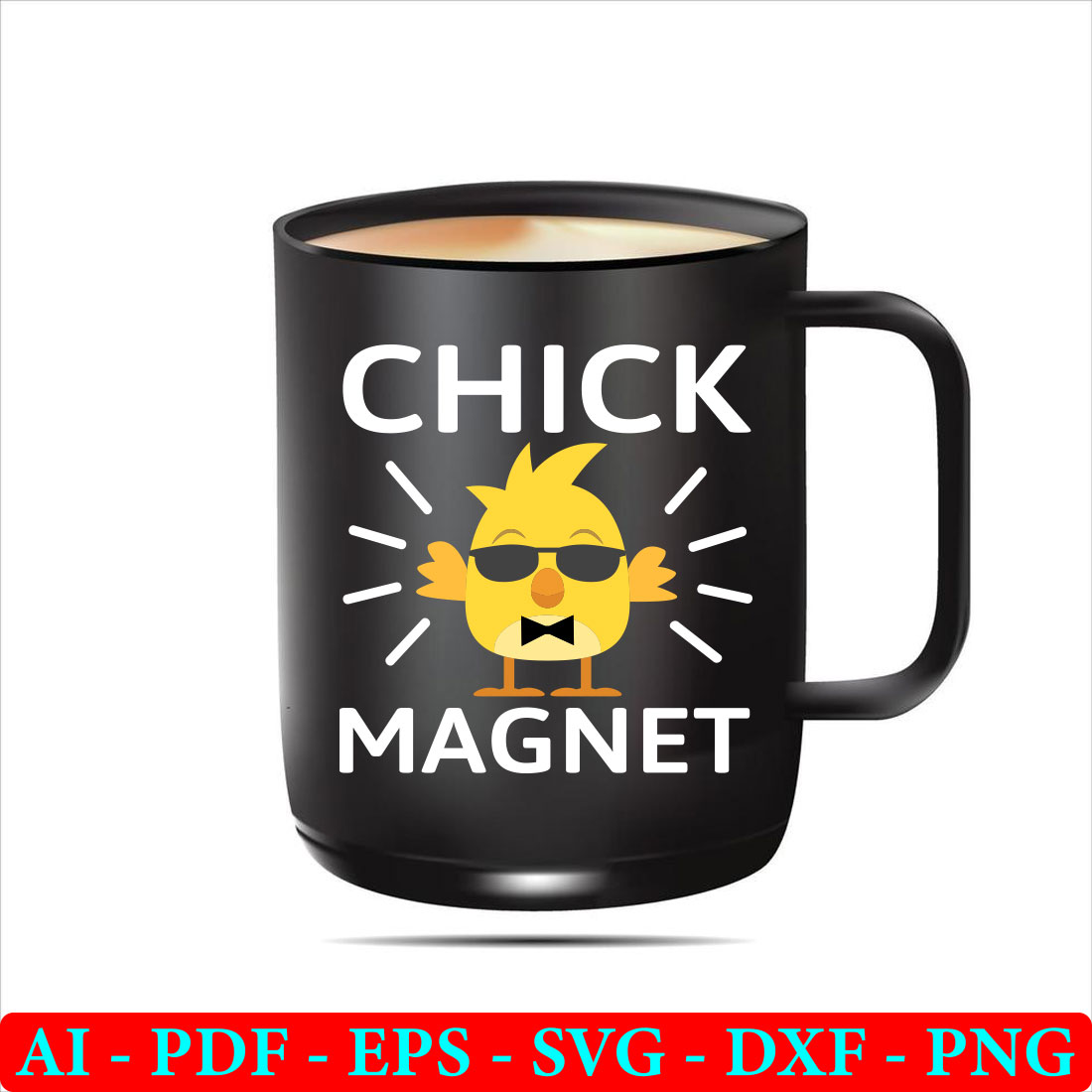 Black coffee mug with a chick magnet on it.