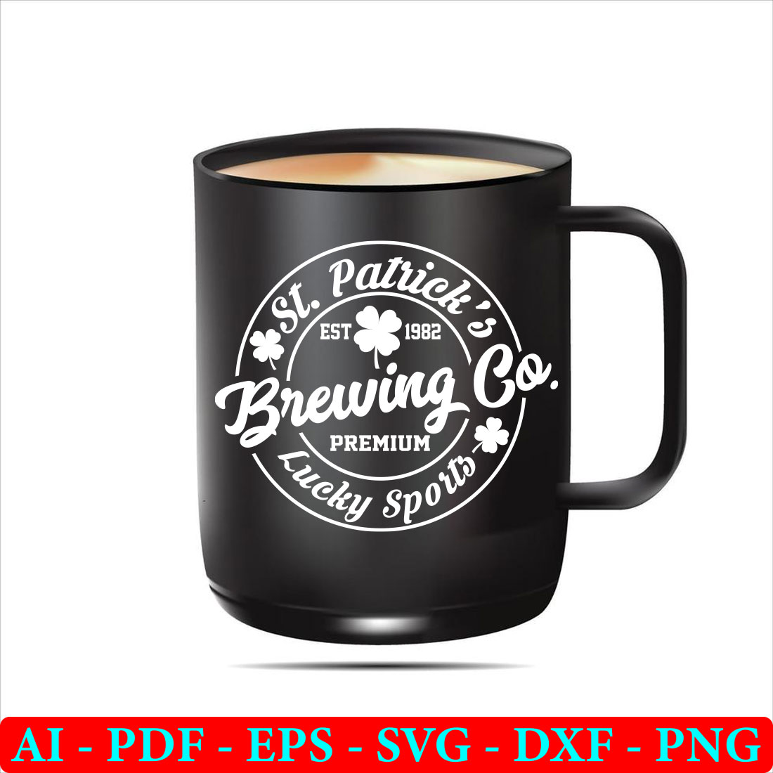 Black coffee mug with the st patrick's brewing logo on it.