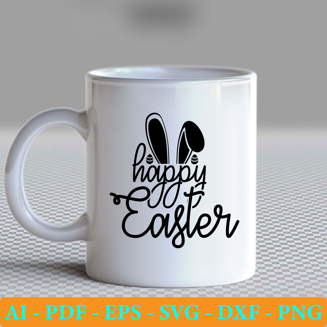 White coffee mug with the words happy easter on it.