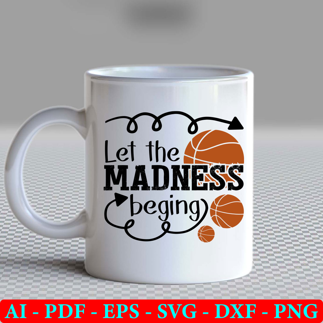 White coffee mug with the words let the madness begin.