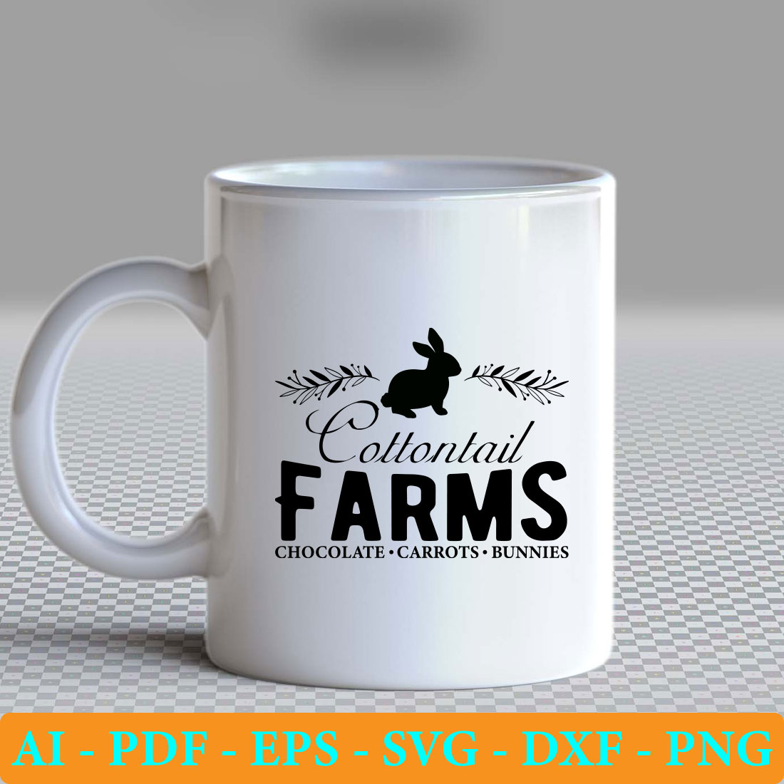 White coffee mug with the words cottontail farms on it.