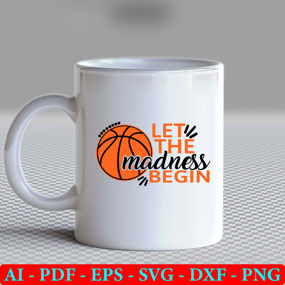 White coffee mug with a basketball on it.