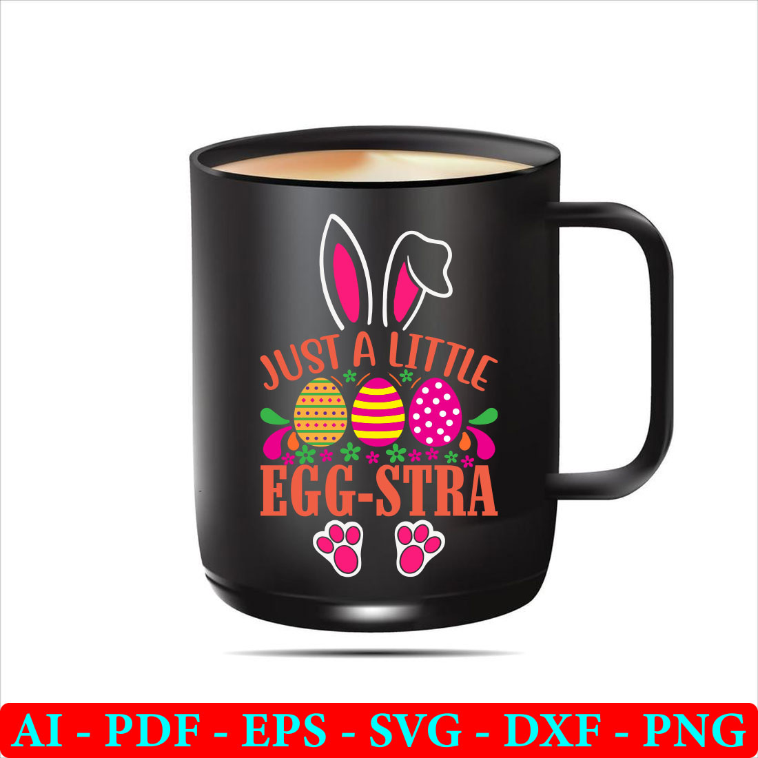 Black coffee mug with the words just a little egg - stra on it.