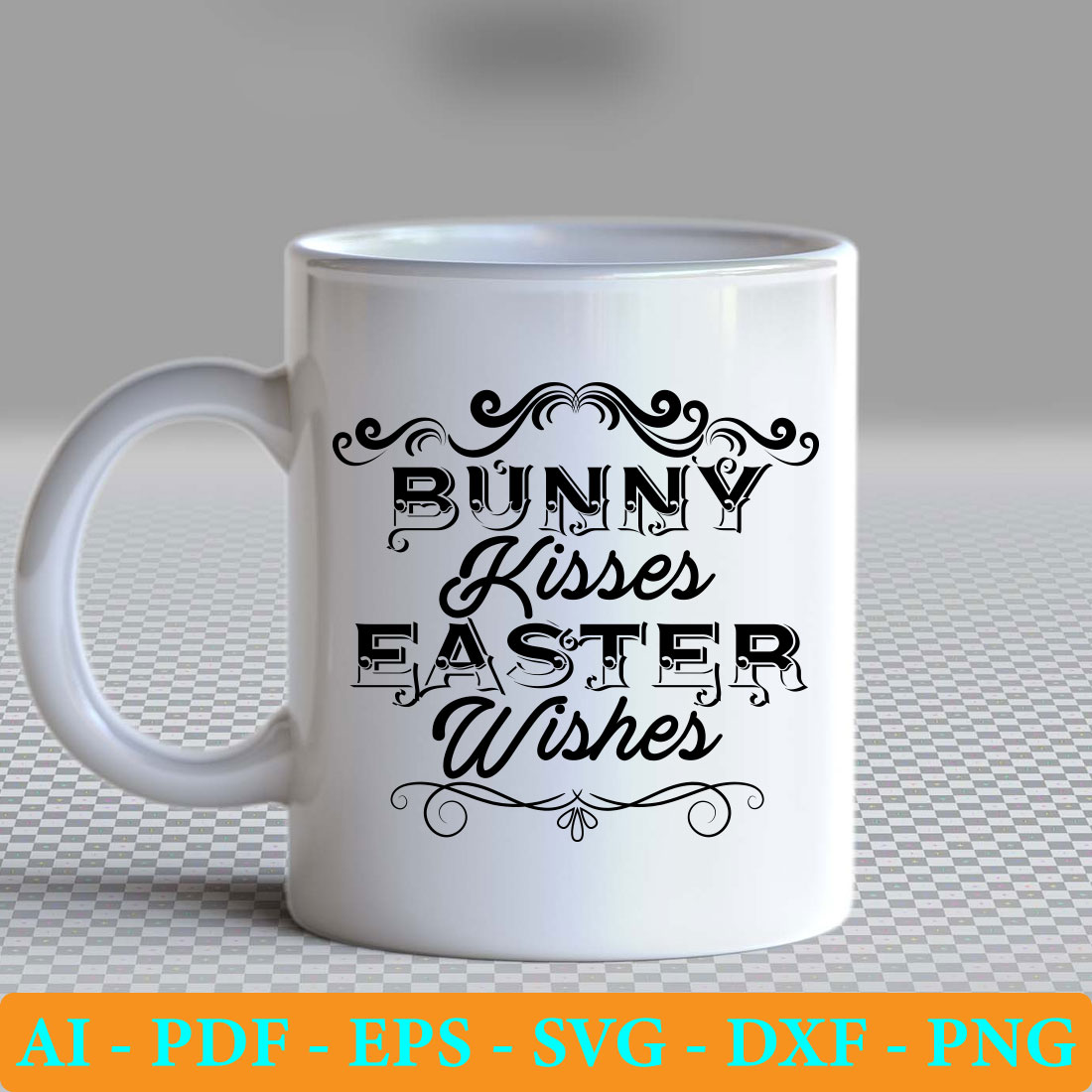 White coffee mug with the words bunny kisses faster wishes.