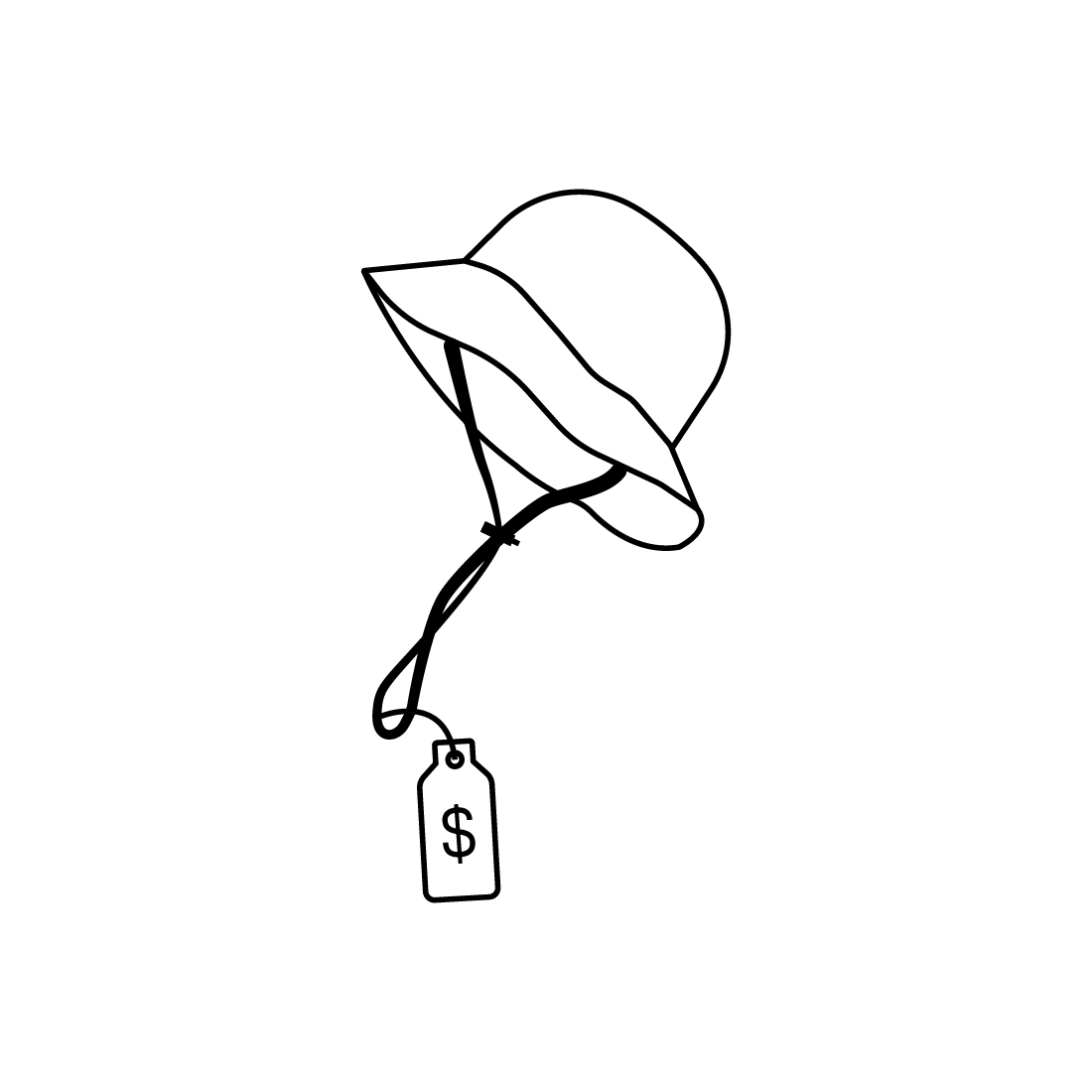 Black and white drawing of a hat on a string.