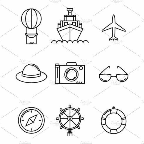 Travel and vacation vector icons set cover image.