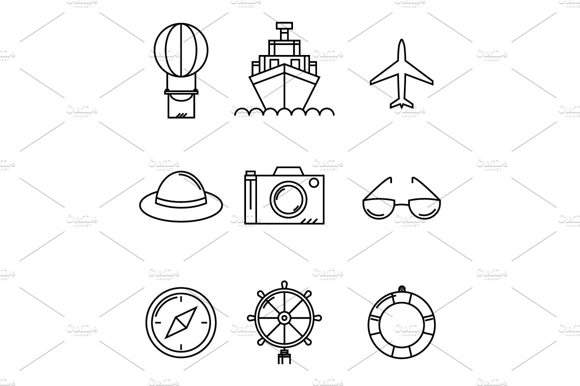 Travel and vacation vector icons set cover image.
