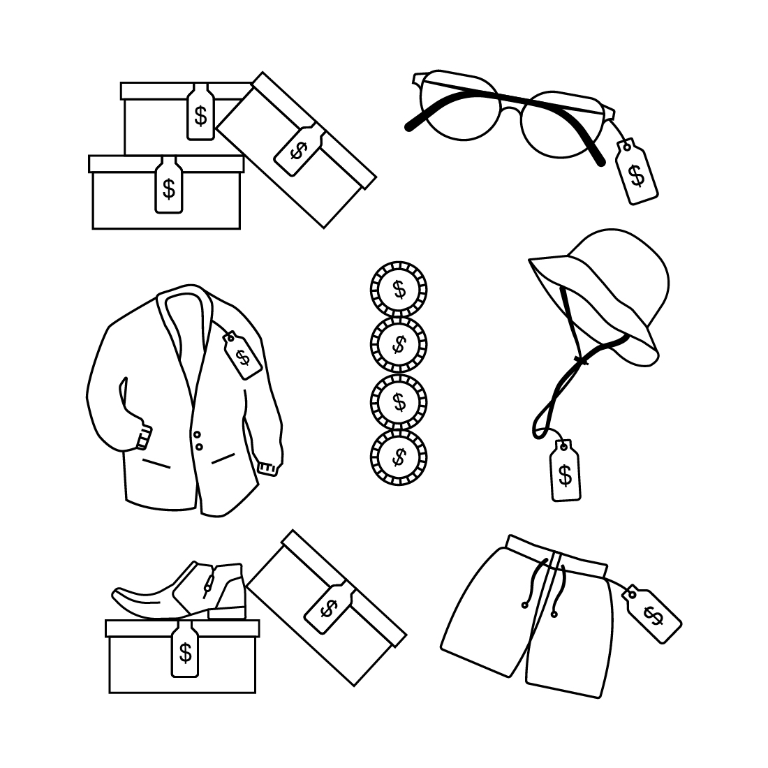 Black and white drawing of clothing and accessories.