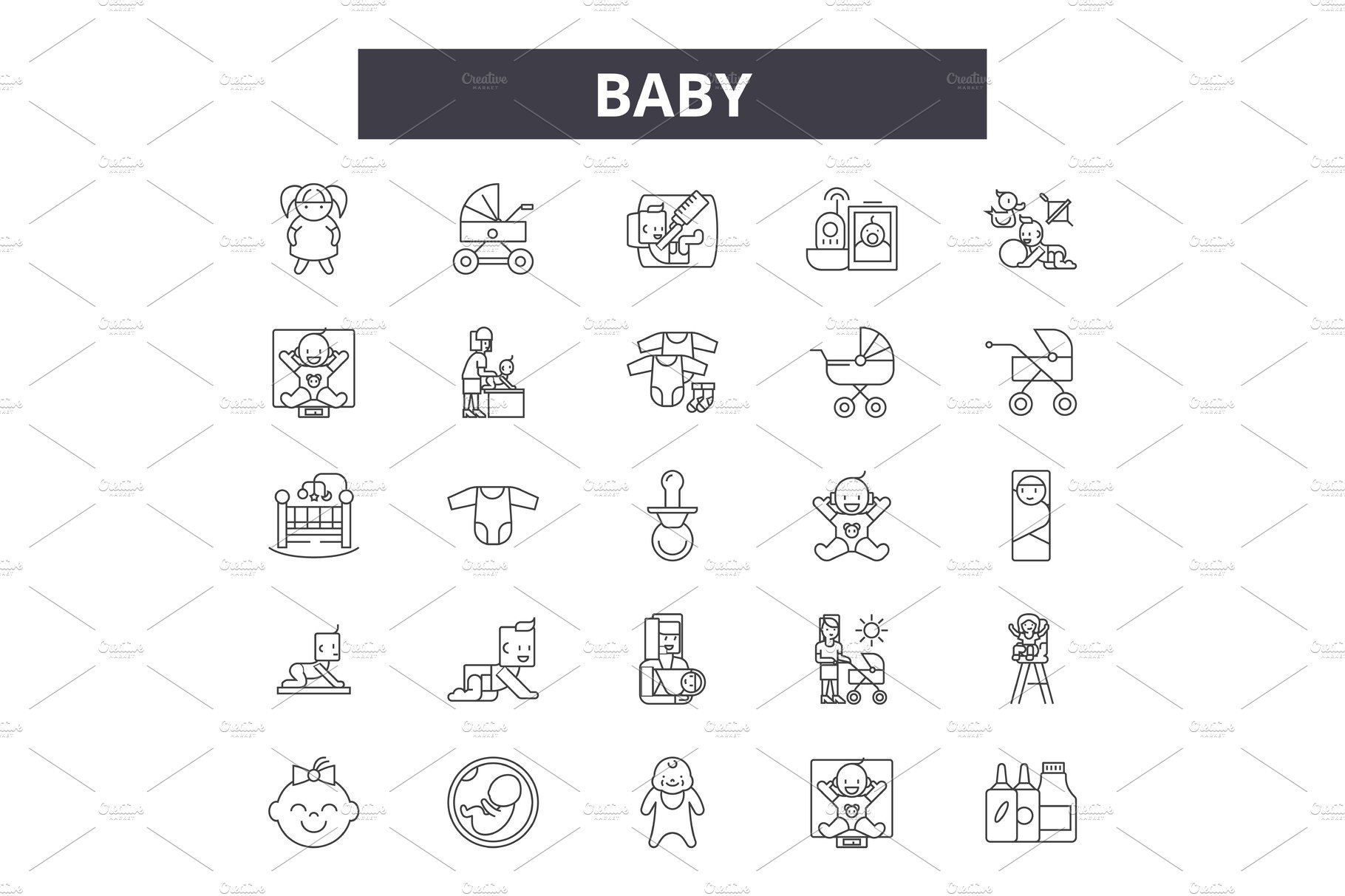 Baby line icons, signs set, vector cover image.