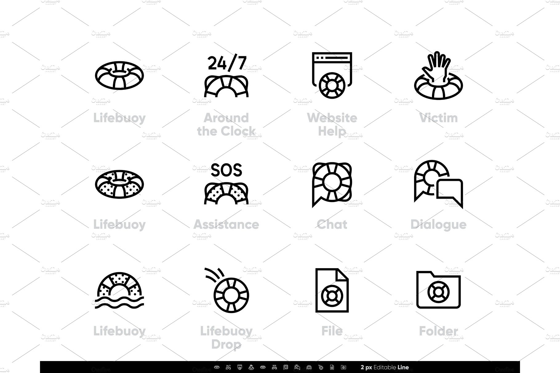Support Service icons. Lifebuoy, SOS cover image.
