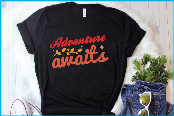 Black t - shirt that says adventure awaits.