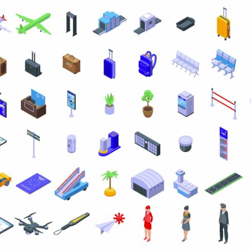 Airlines icons set, isometric style cover image.