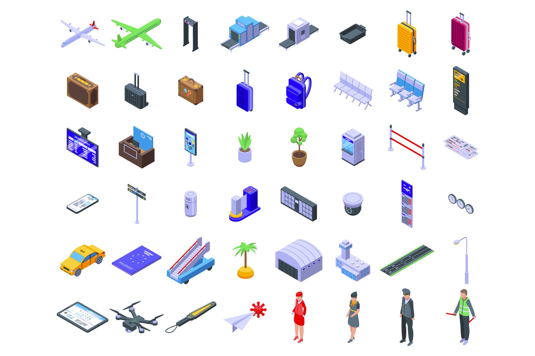 Airlines icons set, isometric style cover image.