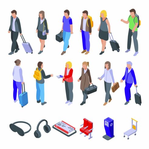 Airline passengers icons set cover image.