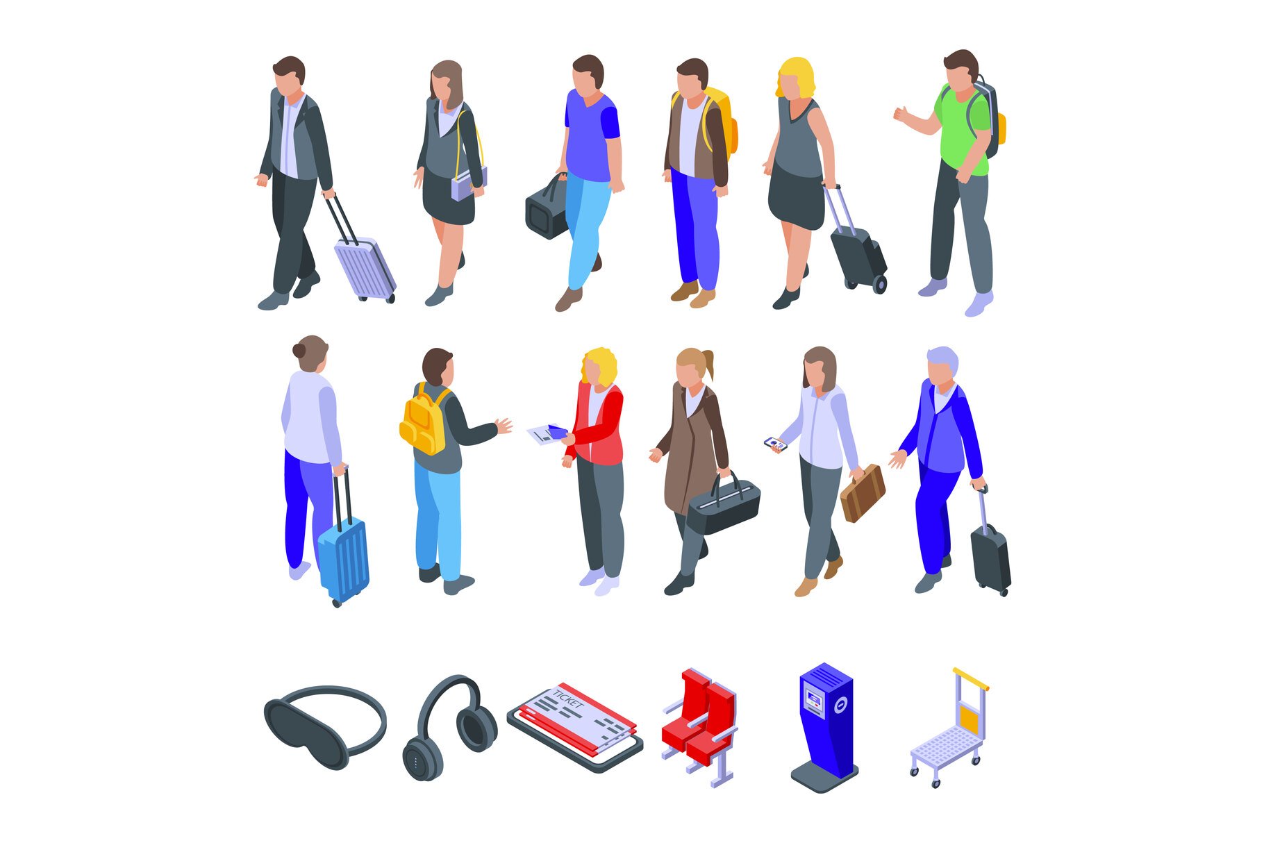 Airline passengers icons set cover image.