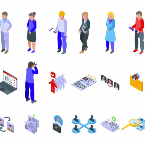 Human resources icons set, isometric cover image.