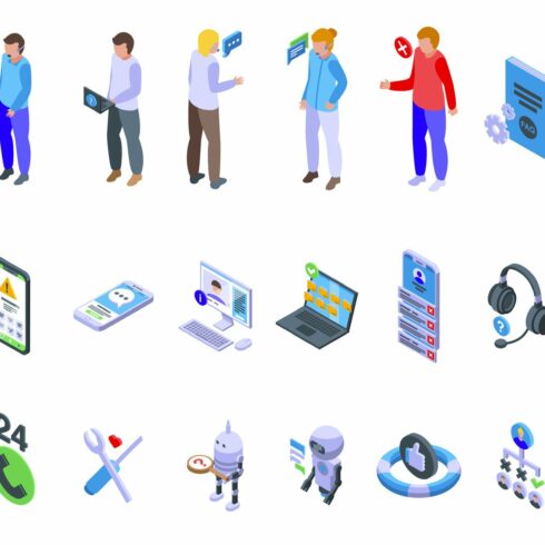 Support chat icons set isometric cover image.