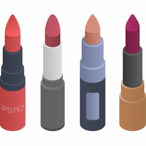 Lipstick icons set, isometric style cover image.