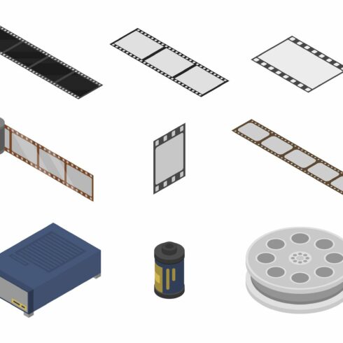 Filmstrip icons set, isometric style cover image.