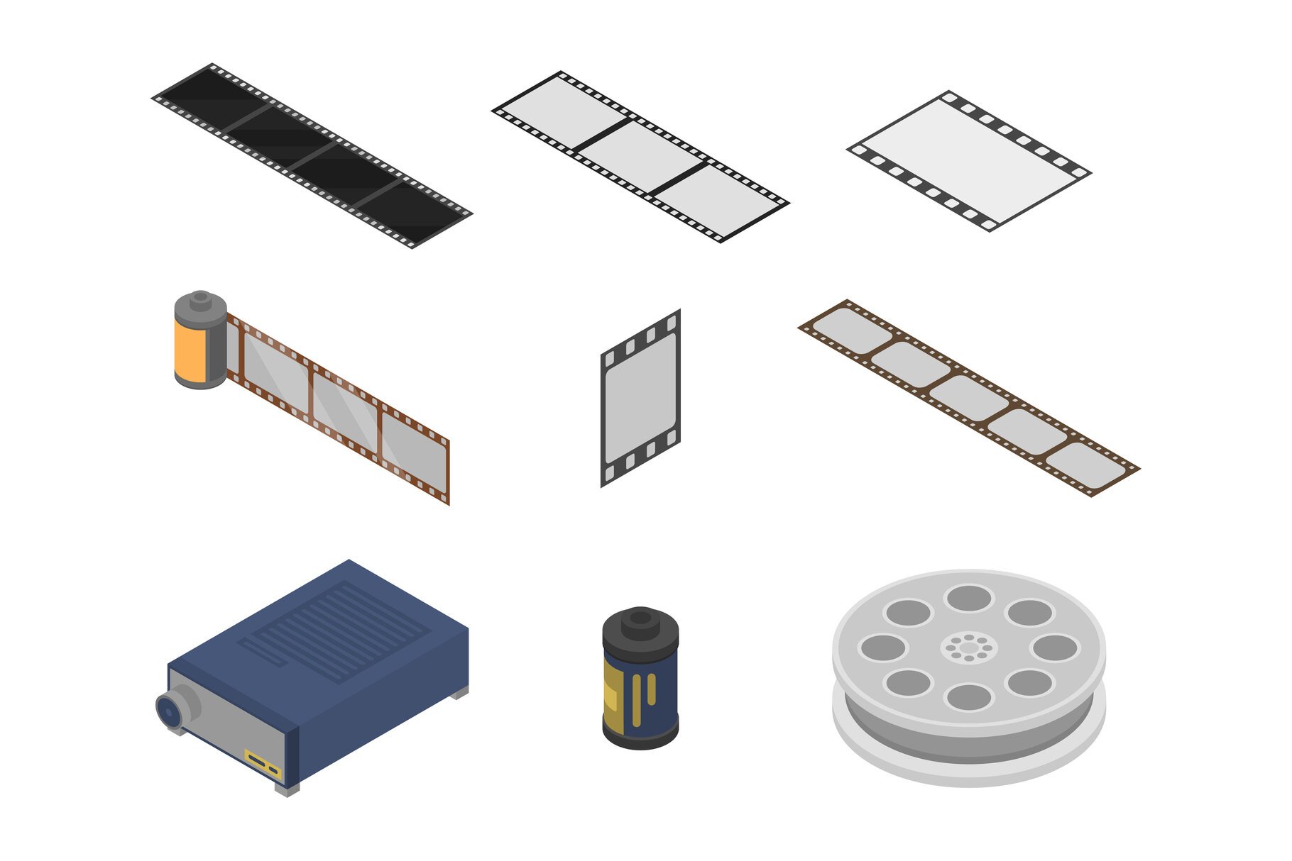 Filmstrip icons set, isometric style cover image.