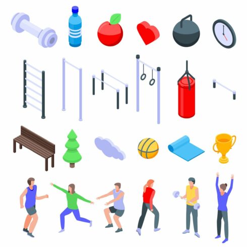 Outdoor fitness icons set, isometric cover image.