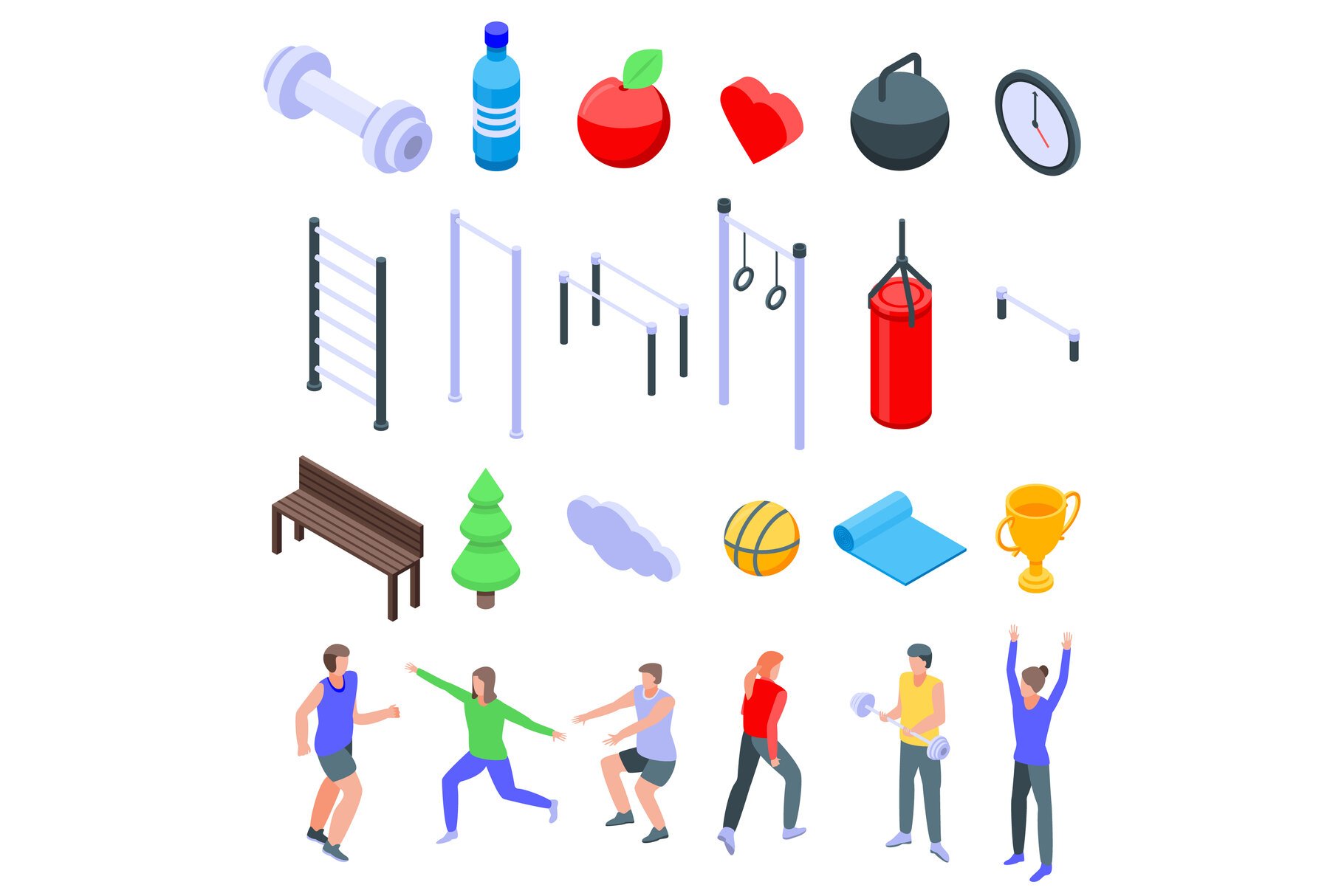 Outdoor fitness icons set, isometric cover image.