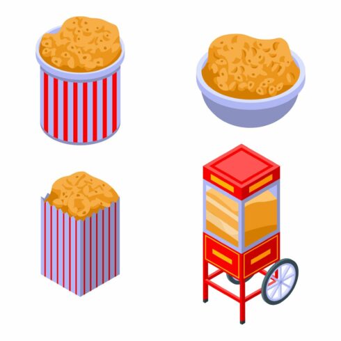 Popcorn icons set, isometric style cover image.
