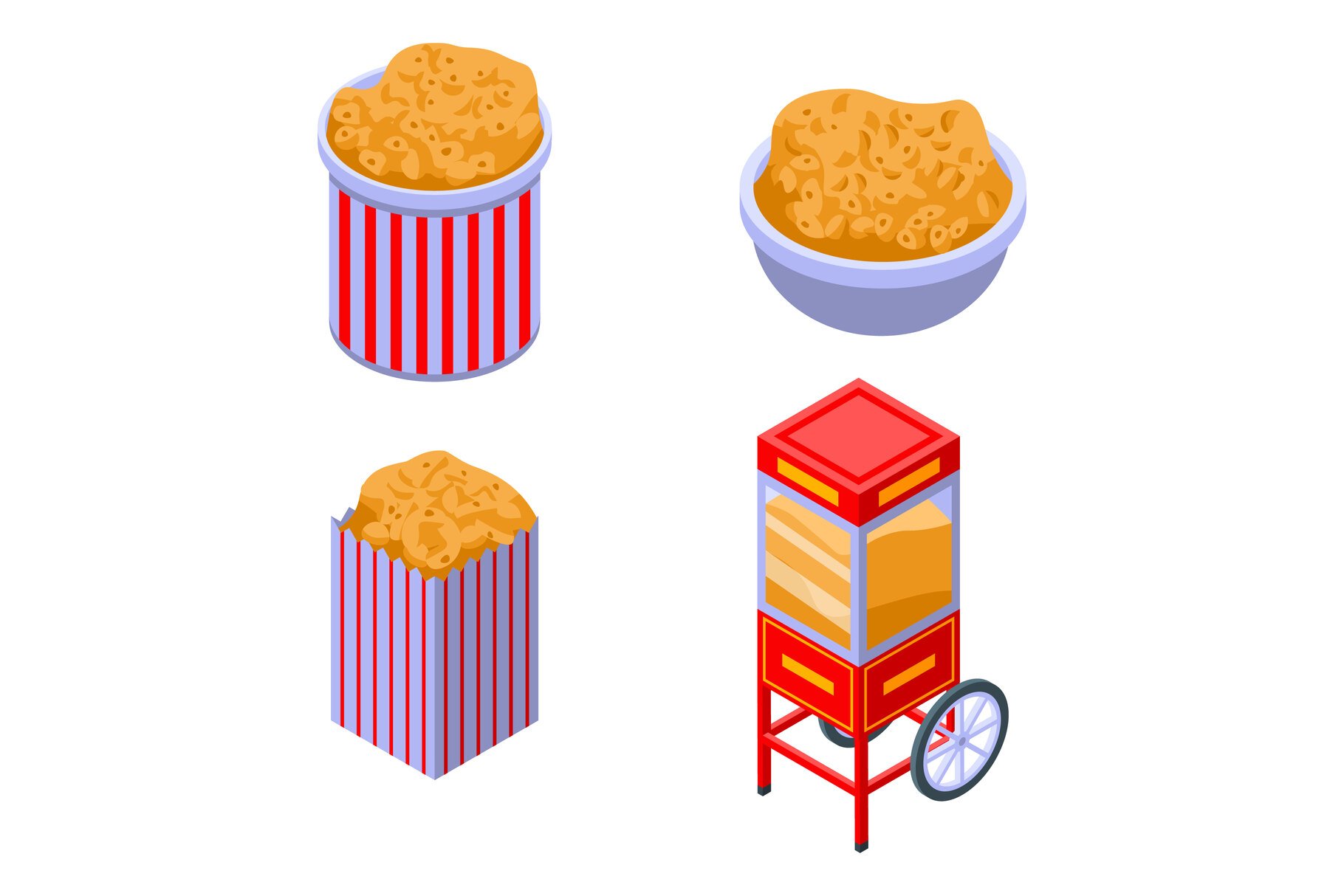 Popcorn icons set, isometric style cover image.