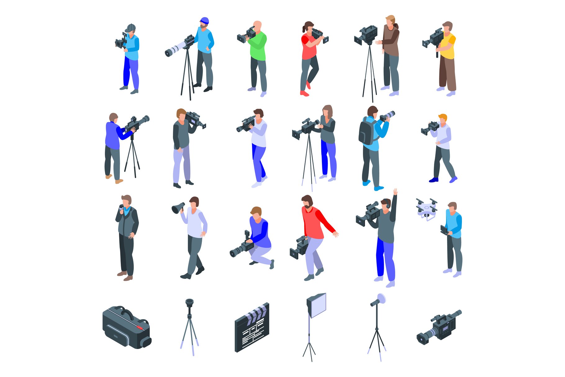 Cameraman icons set, isometric style cover image.