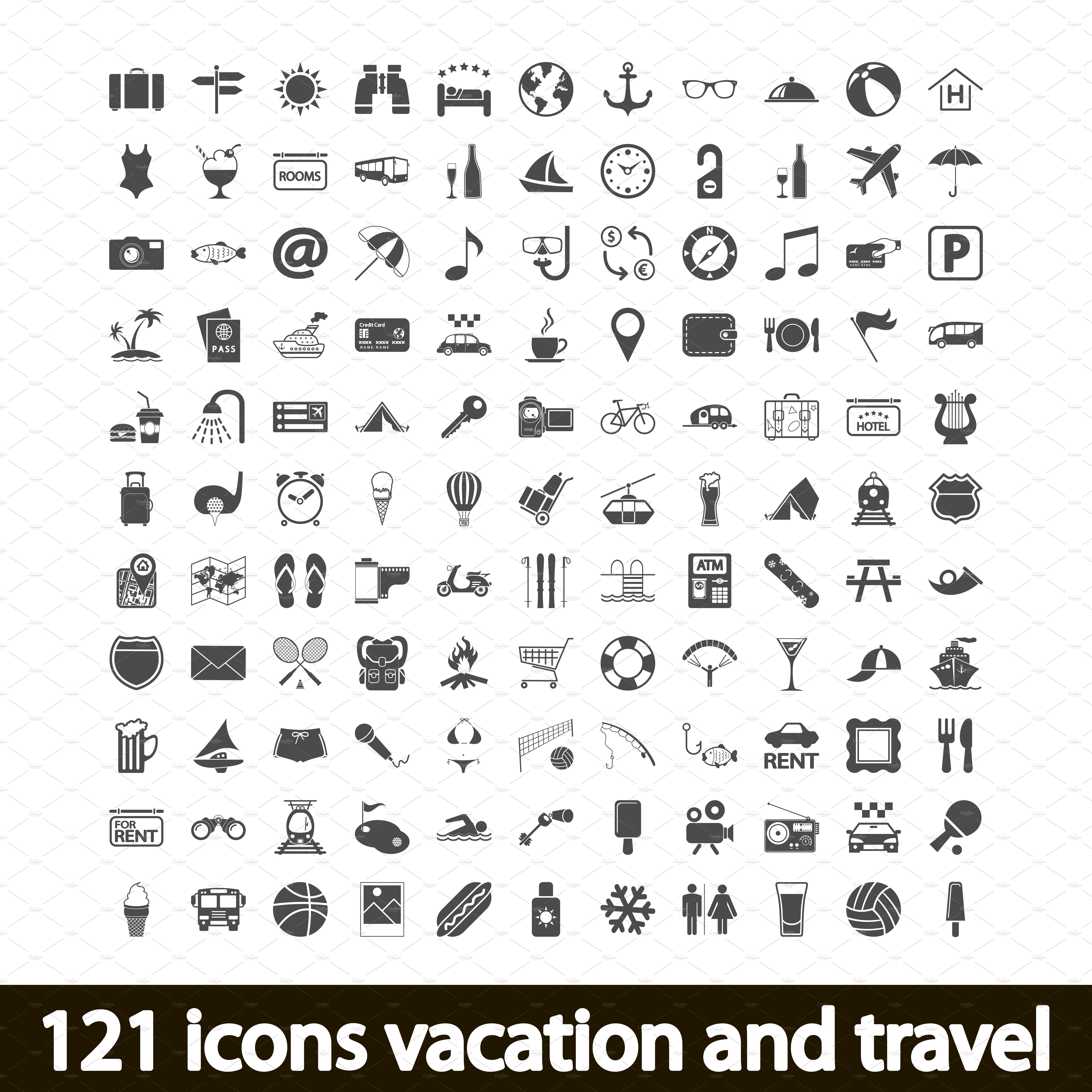 121 icons set vacation and travel. cover image.